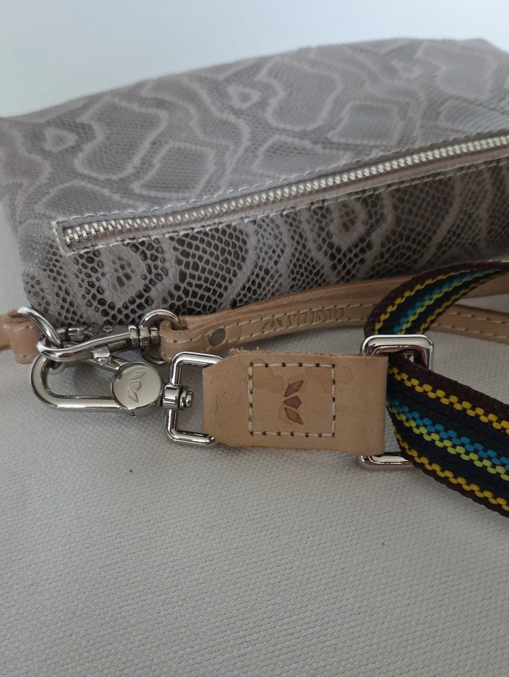 Consuela Taupe Snake-Print Crossbody with Multicolor Stripe Strap - Picture 4 of 4
